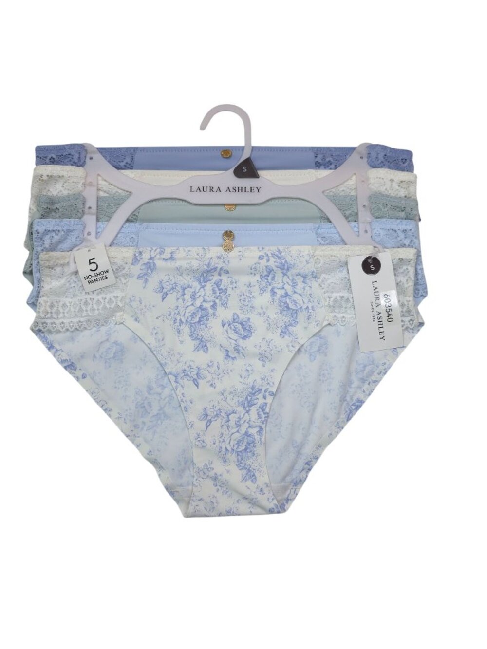 Laura Ashley Womens 5-Pack No-Show Panties Small Floral Lace Pastels Blue Green